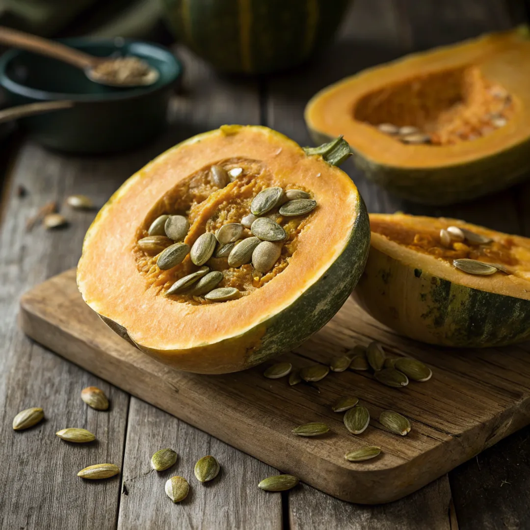 Fresh kabocha squash seeds inside a halved squash