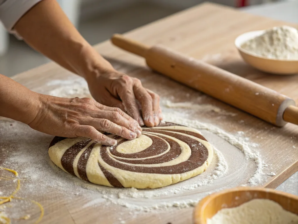 Kneading and shaping marble rye dough for perfect swirls.