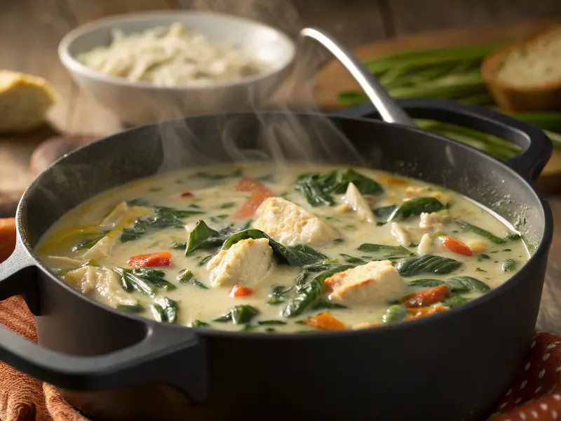 A pot of Chicken Florentine Soup simmering on the stove.