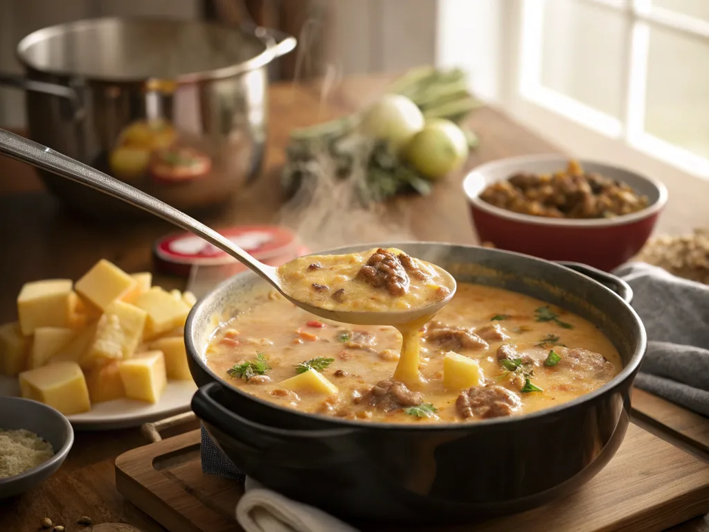  A ladle scooping hamburger potato soup from a pot.