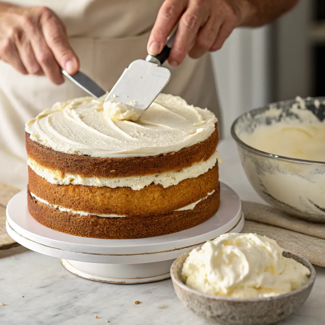 Layering and frosting Italian Cream Cake