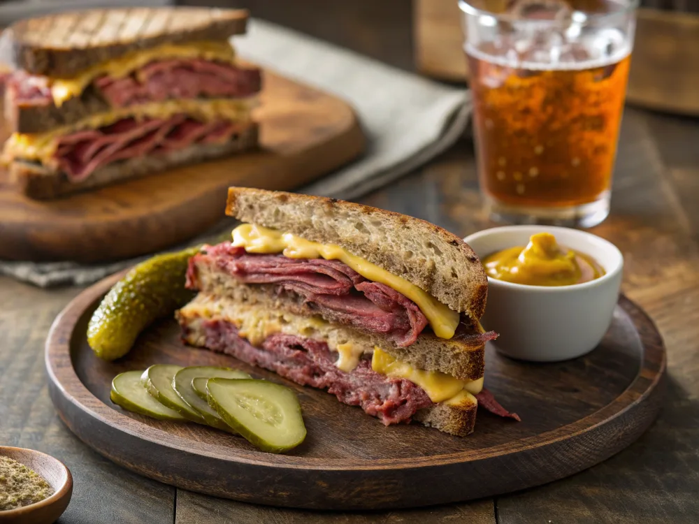 Pastrami sandwich on marble rye bread with mustard and Swiss cheese.