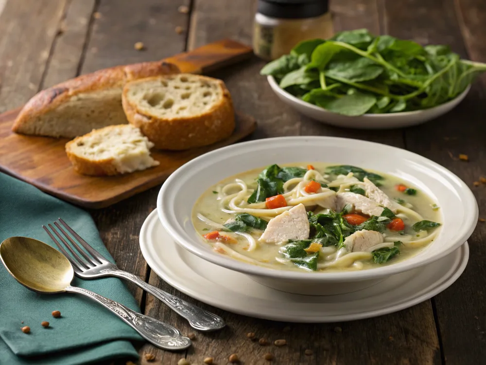 A bowl of Chicken Florentine Soup served with bread and salad.