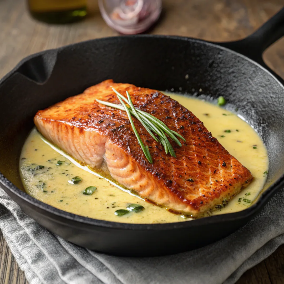 Pan-seared sockeye salmon cooking in a skillet