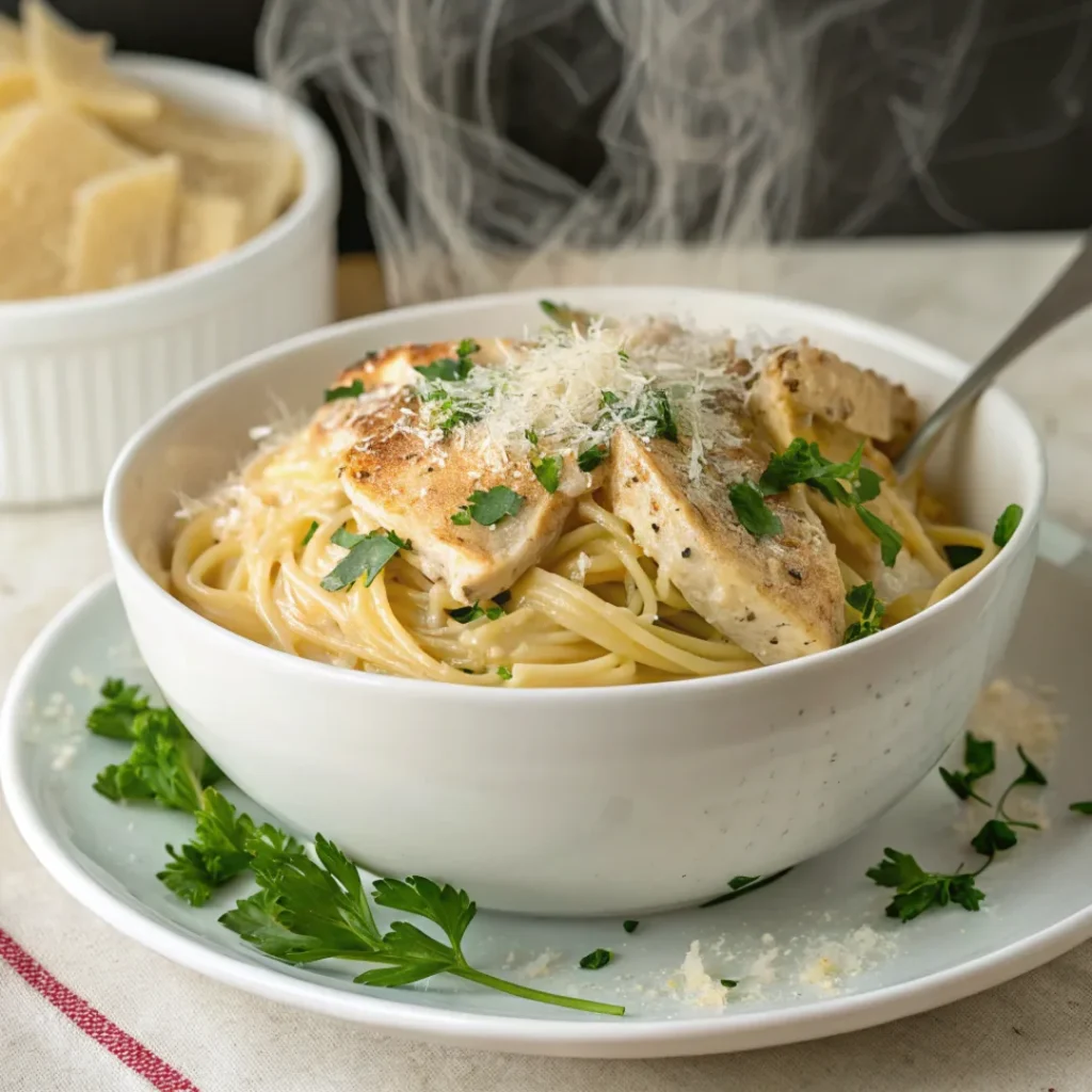 Creamy Garlic Parmesan Chicken Pasta with fresh parsley and Parmesan.