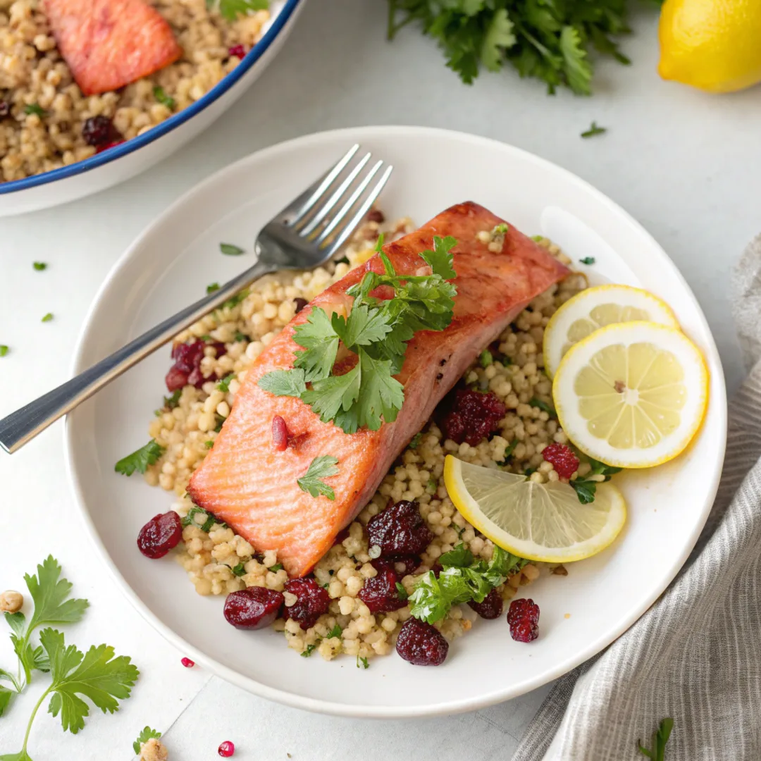 Sockeye salmon with cranberry walnut couscous plated