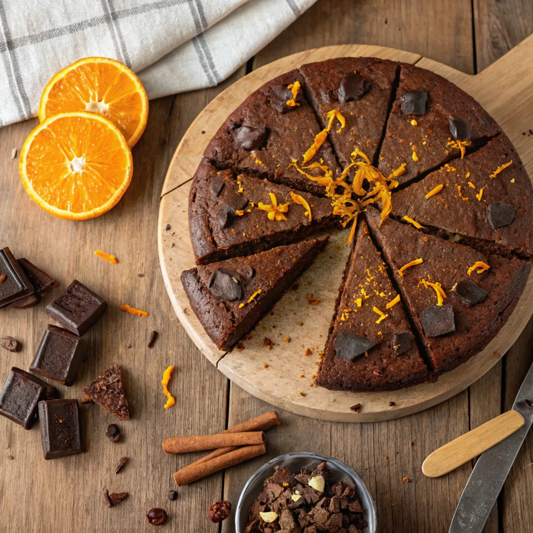 Sliced Chocolate Orange Almond Cake with Chocolate Chunks and Orange Zest