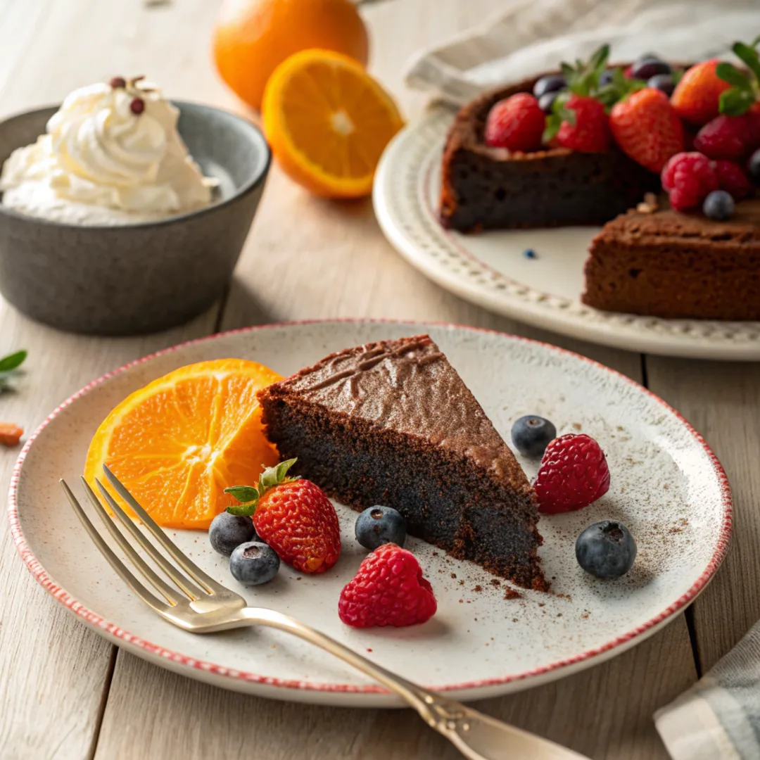 Chocolate Orange Almond Cake Slice with Whipped Cream and Berries