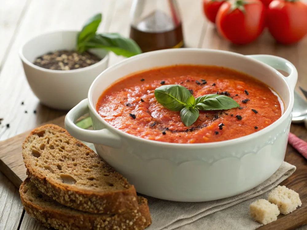 Red lentil and tomato high-protein soup garnished with fresh basil