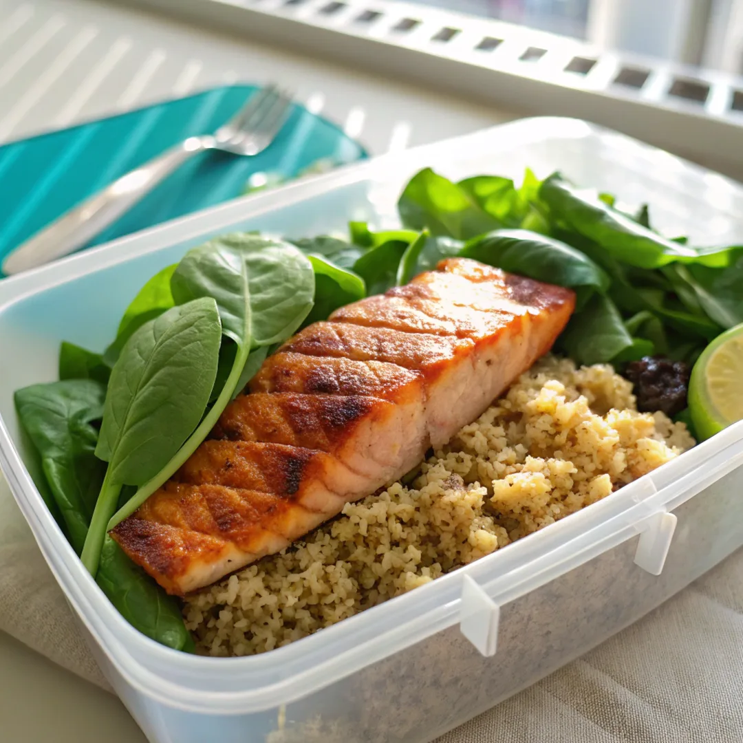 Meal prep with grilled salmon rich in vitamin B