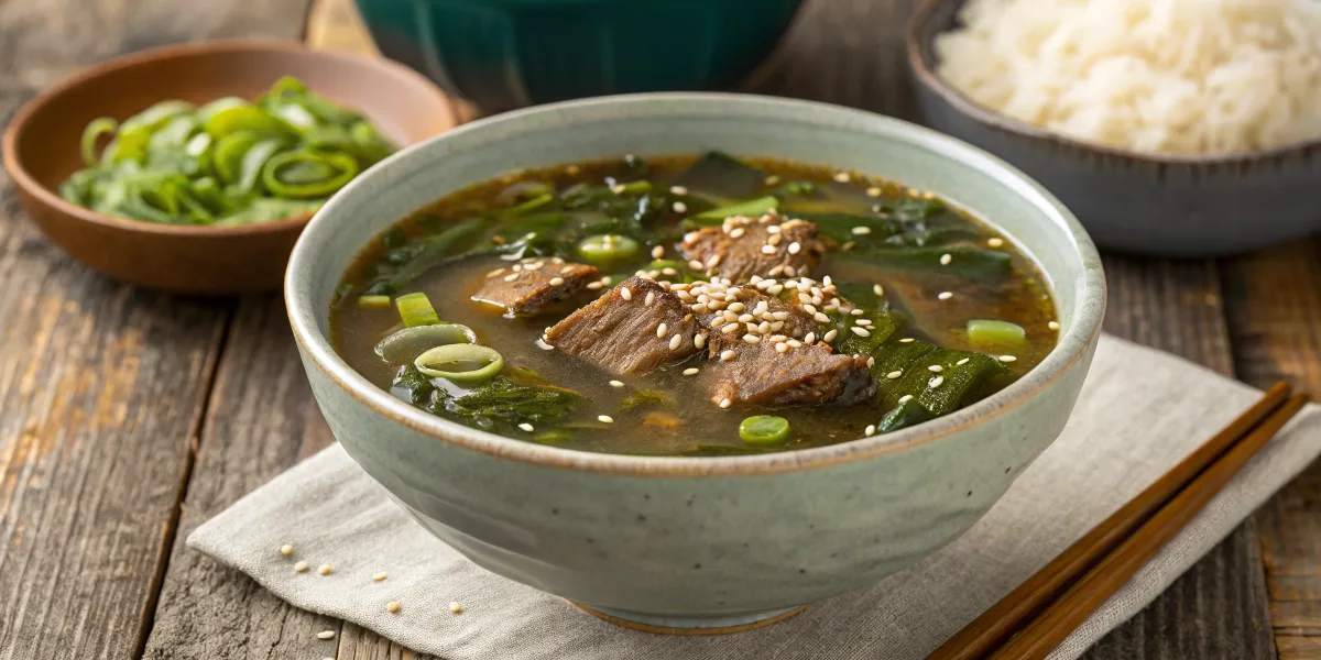 Nutritious Korean seaweed soup (miyeok-guk) in a ceramic bowl.