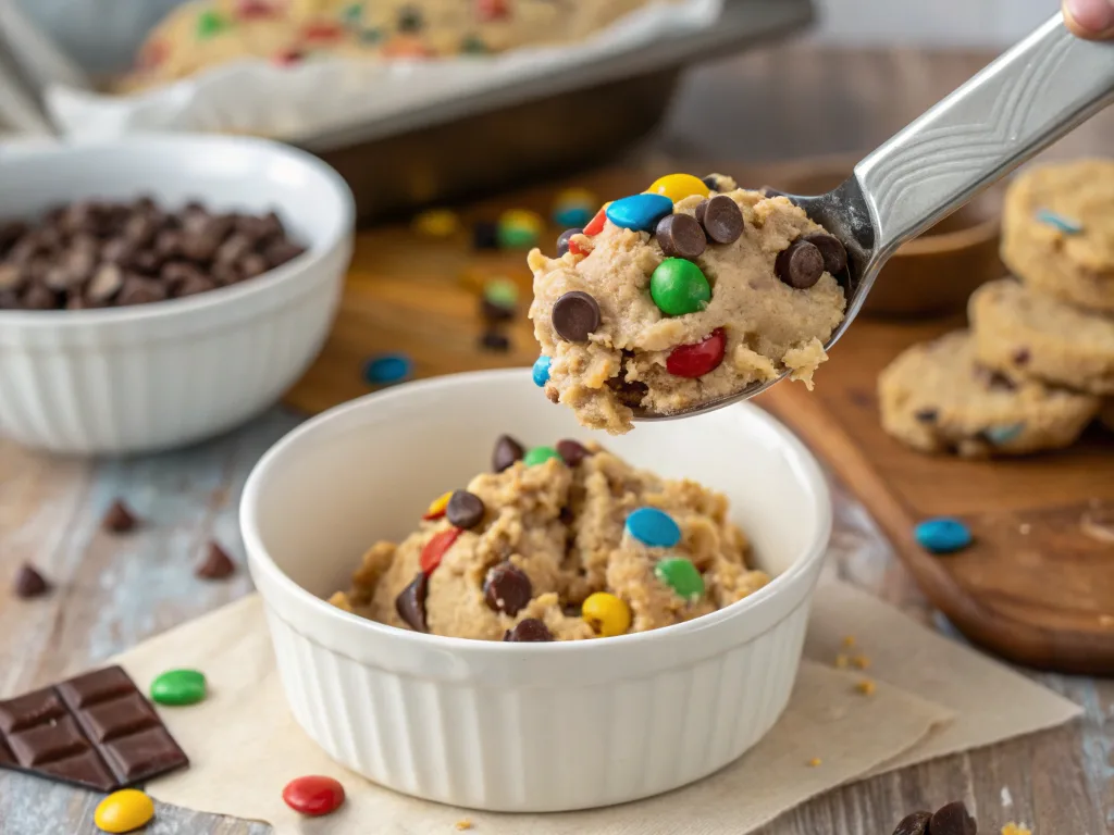 Chocolate chip M&M cookie dough being scooped with a spatula.