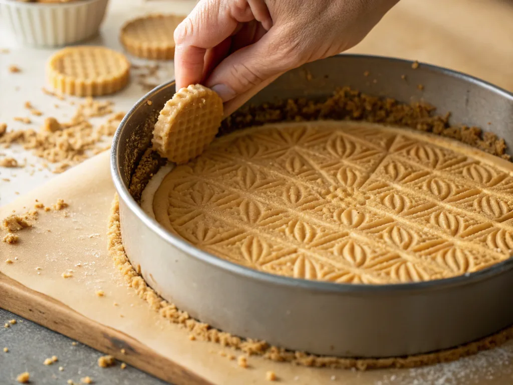 Pressing chocolate chip cookie dough into a pan for cheesecake crust