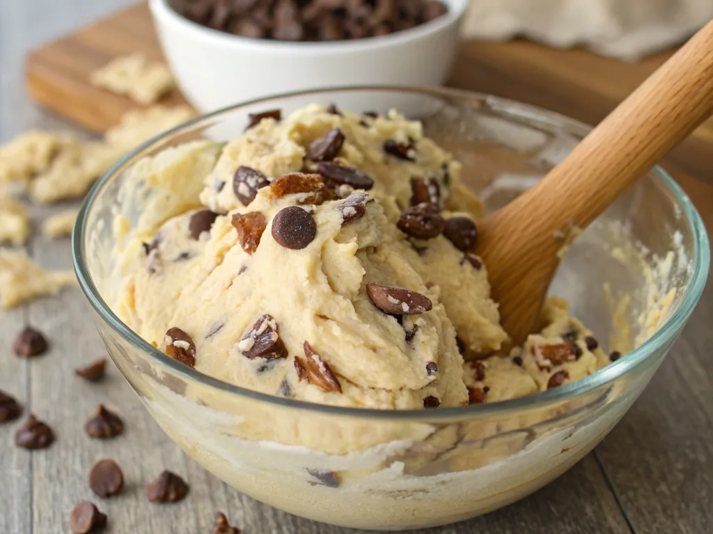 Chocolate chip pecan cookie dough being mixed