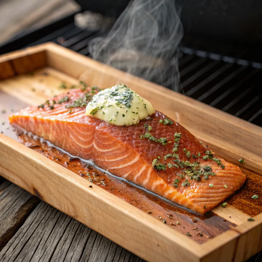 Smoked salmon with herb butter on a pellet smoker