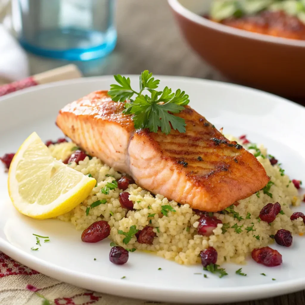 Sockeye salmon with cranberry walnut couscous recipe