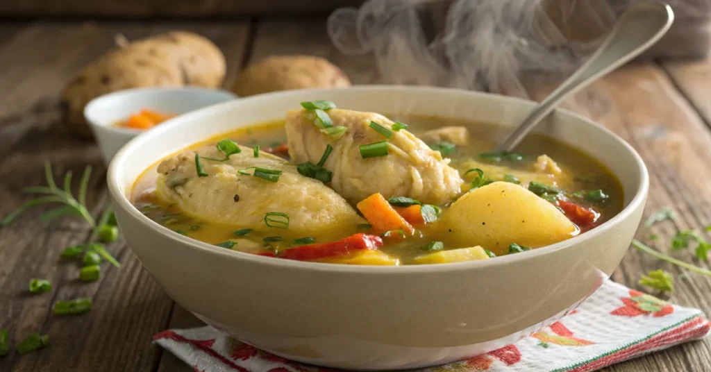 Authentic Jamaican chicken soup recipe with dumplings and vegetables