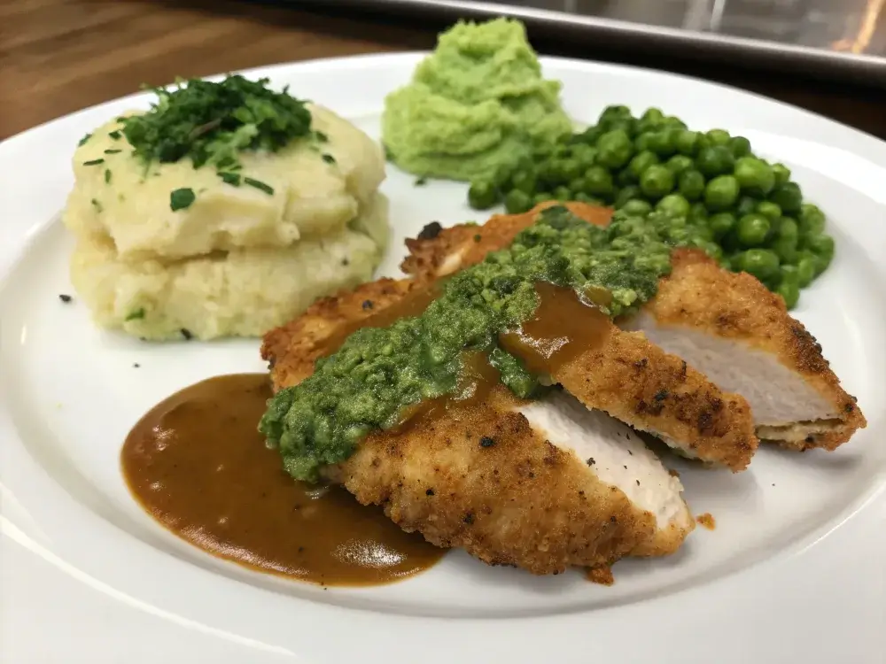 A serving of Southern chicken and dressing plated with mashed potatoes, gravy, and cranberry sauce for a comforting meal.