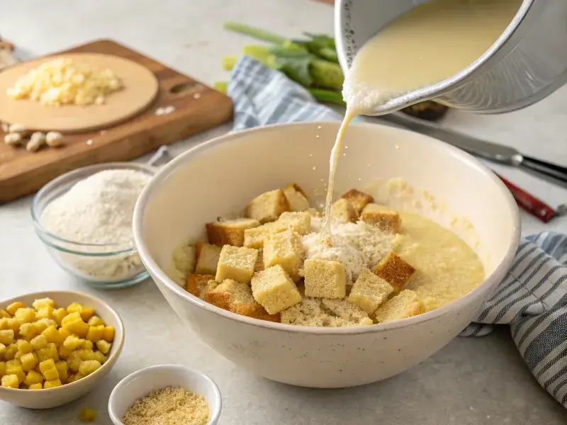 A mixing bowl filled with crumbled cornbread, shredded chicken, broth, and seasonings, being combined for a moist and flavorful dressing.