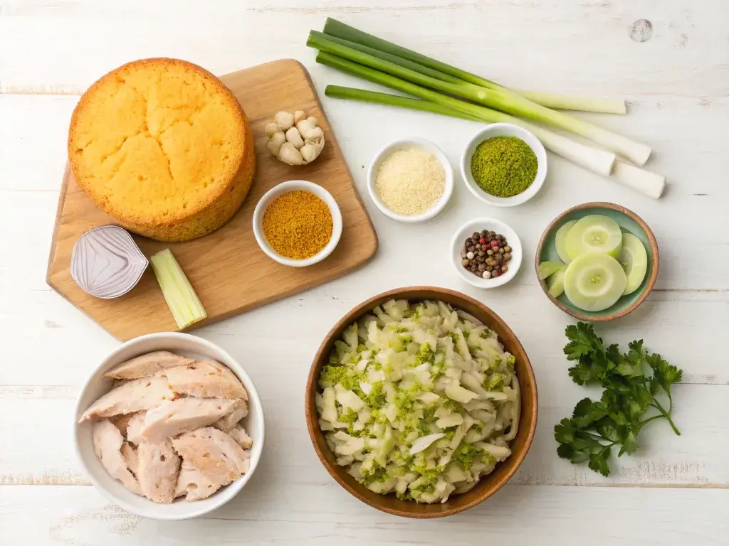 Fresh ingredients for a homemade chicken and dressing recipe, including cornbread, shredded chicken, celery, onions, and seasonings.