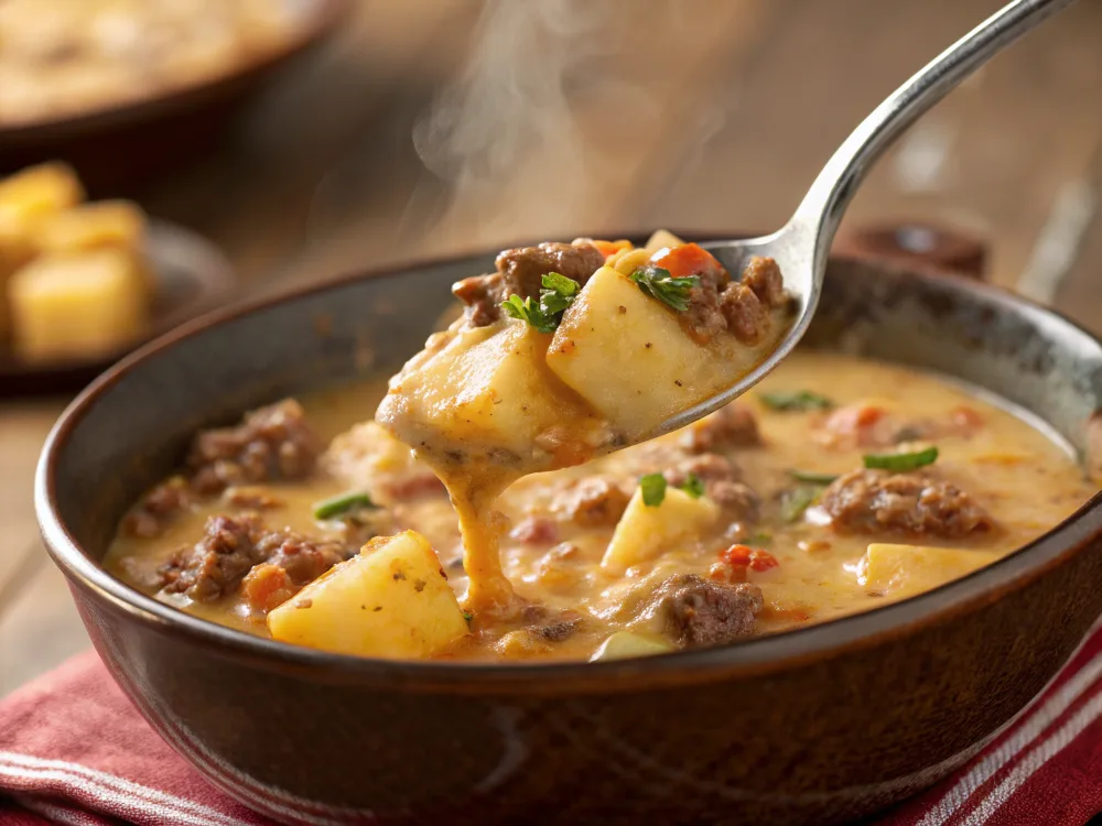 A spoonful of creamy hamburger potato soup.