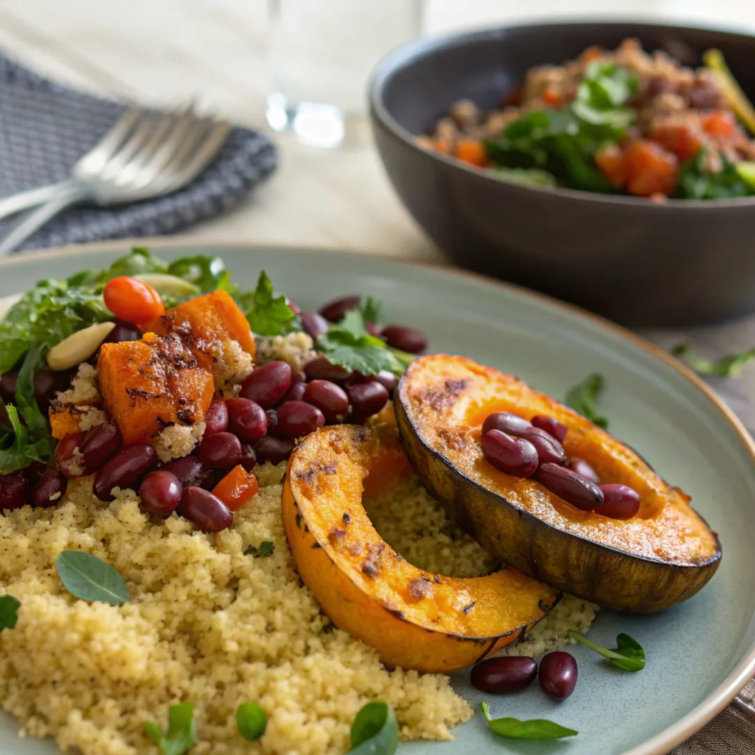 Squash and kidney beans served with quinoa and roasted veggies