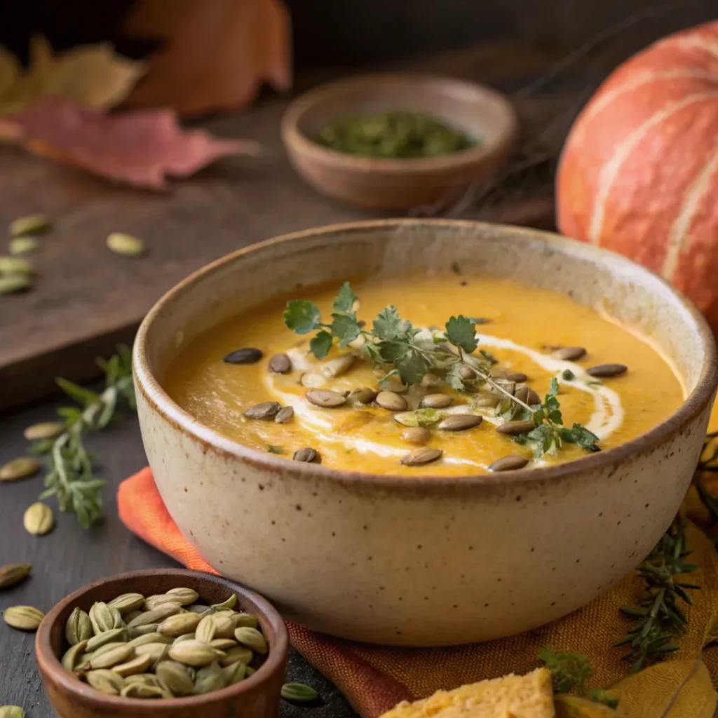 Creamy kabocha squash soup garnished with pumpkin seeds