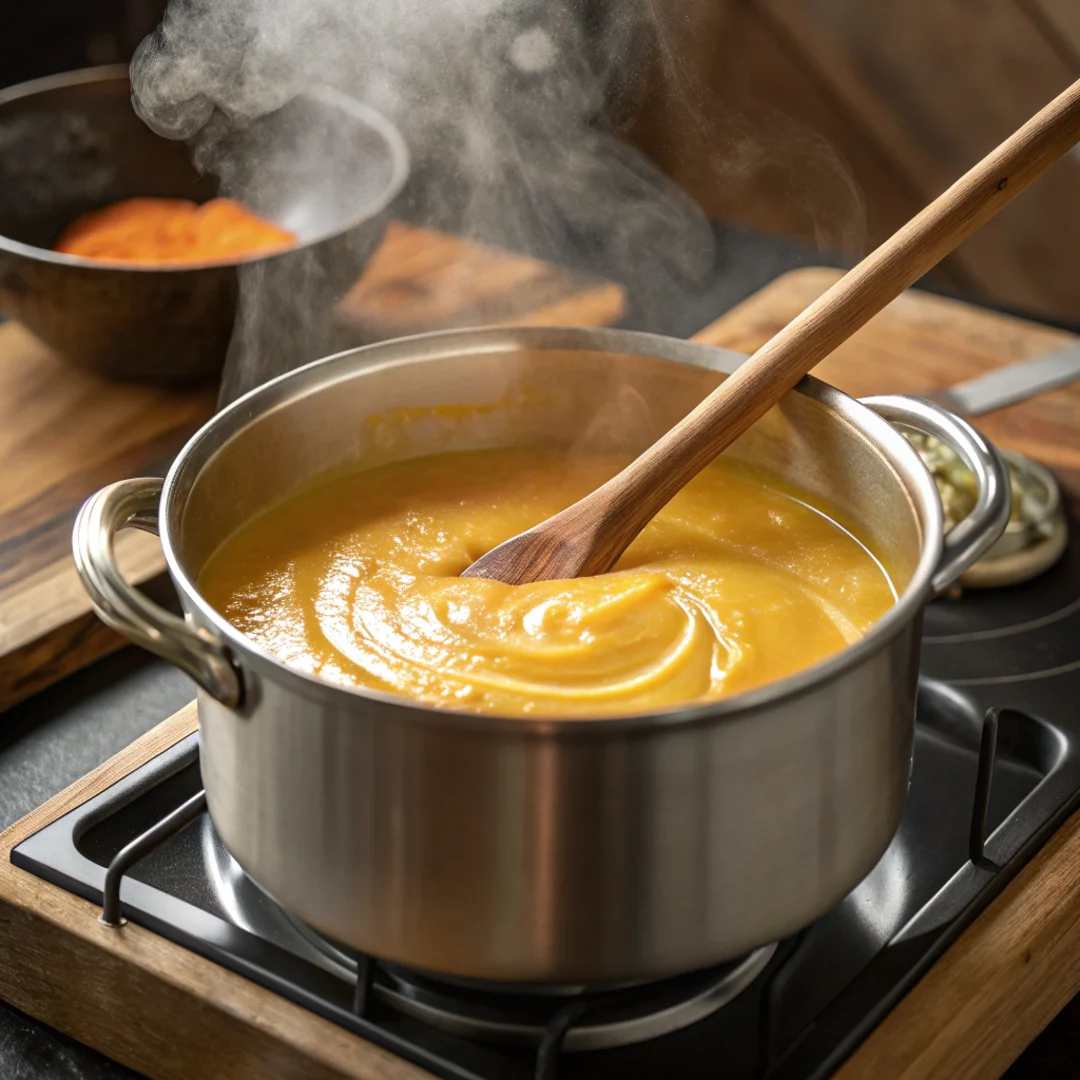 Cooking kabocha squash soup on the stovetop