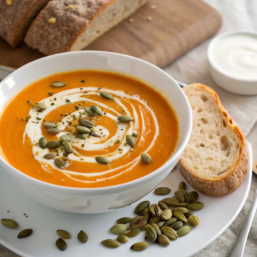 Served bowl of kabocha squash soup with garnishes