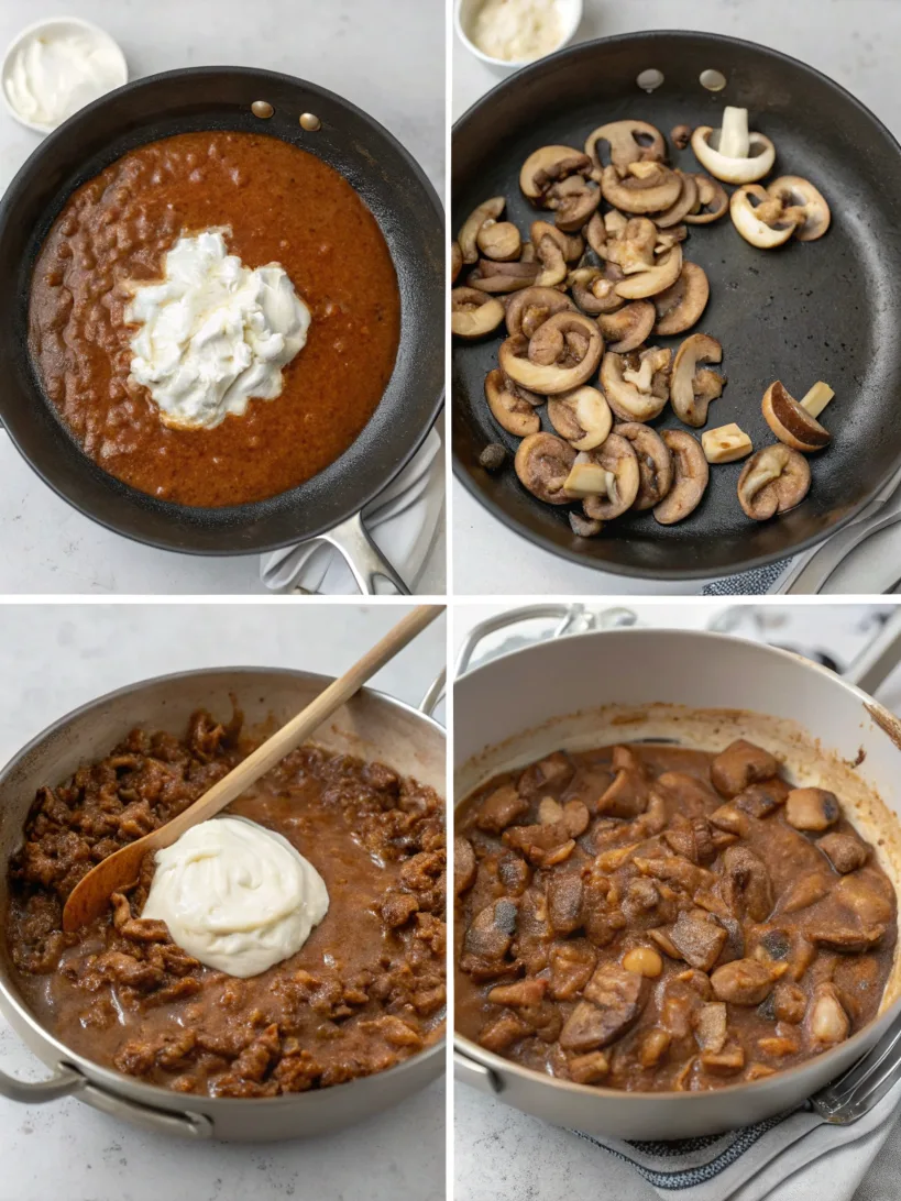 Final addition of vegan beef chunks to the creamy stroganoff sauce in the skillet.