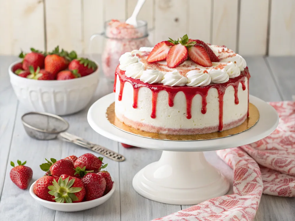 Fully decorated strawberry tres leches cake with whipped cream and fresh strawberries