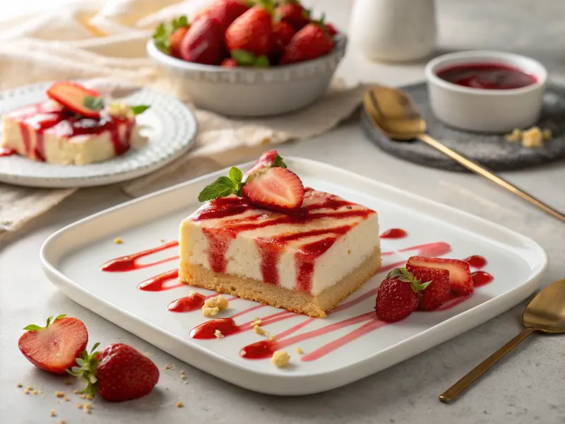 A slice of strawberry tres leches cake with fresh strawberry topping