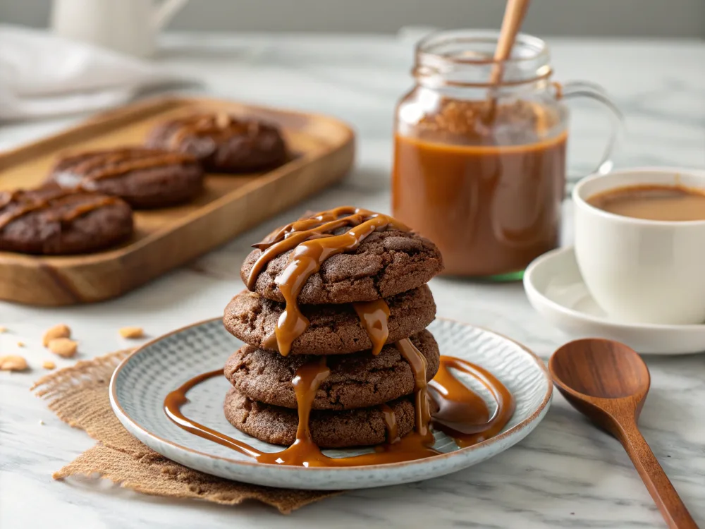 A stack of chocolate caramel cookies drizzled with warm caramel sauce.