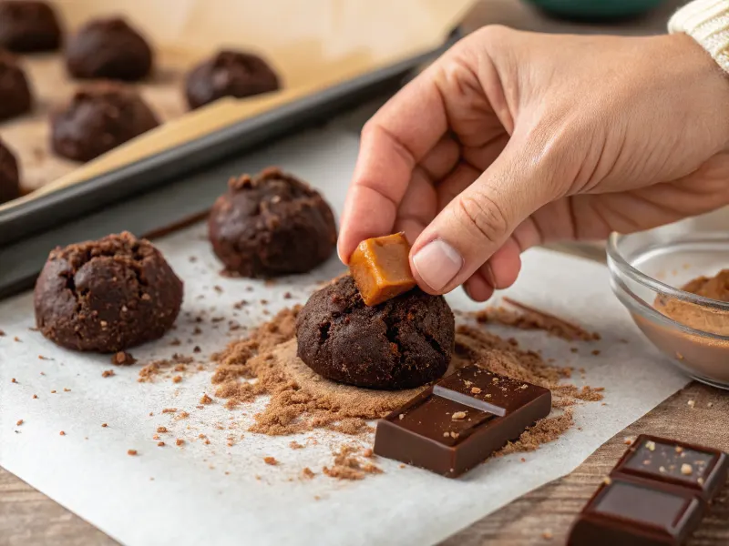 A baker stuffing a caramel square into chocolate cookie dough.