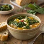 Swamp soup recipe with collard greens and white beans in a rustic bowl