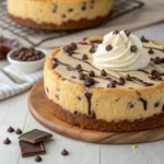 Chocolate chip cookie cheesecake with a creamy filling and chocolate drizzle