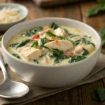 Creamy Chicken Florentine Soup with fresh spinach and chicken in a bowl.