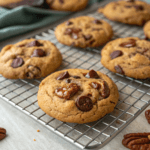 Freshly baked chocolate chip pecan cookies with melted chocolate and toasted pecans