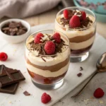 Chocolate and white chocolate mousse layered in a glass with raspberries