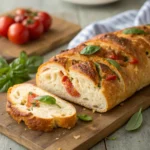 Golden brown tomato basil bread with a crispy crust, sliced to reveal a soft interior, garnished with fresh basil leaves on a rustic wooden board.