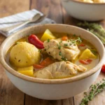 Authentic Jamaican chicken soup recipe with chicken, dumplings, and root vegetables in a rich broth.