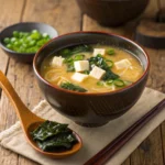 Steaming bowl of traditional Japanese miso soup with tofu, seaweed, and green onions.