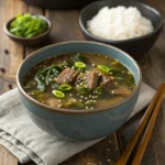 Traditional Korean seaweed soup (miyeok-guk) with beef and sesame garnish.