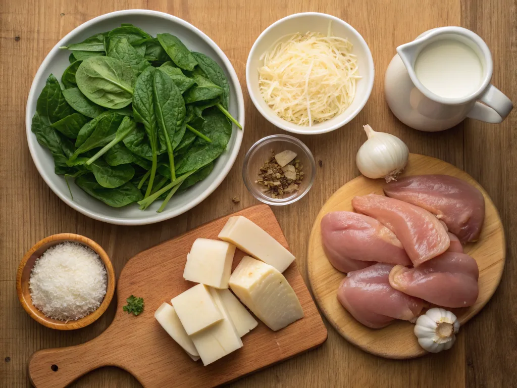 Fresh ingredients for Chicken Florentine Soup on a wooden counter.