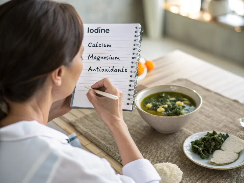 Nutritionist analyzing the health benefits of seaweed soup.