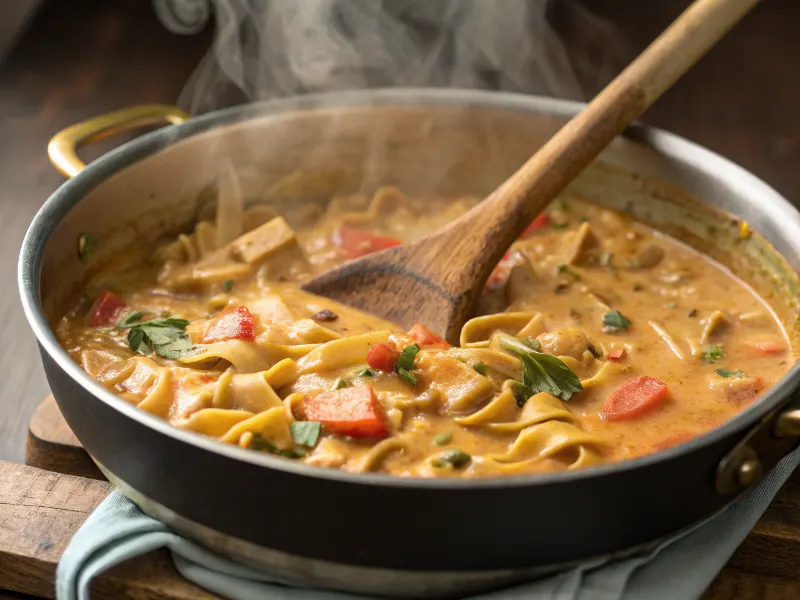 Cooking vegan stroganoff sauce in a saucepan	