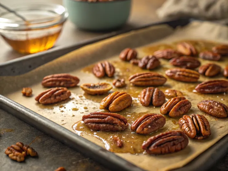 Toasted pecans on a baking sheet for enhanced flavor