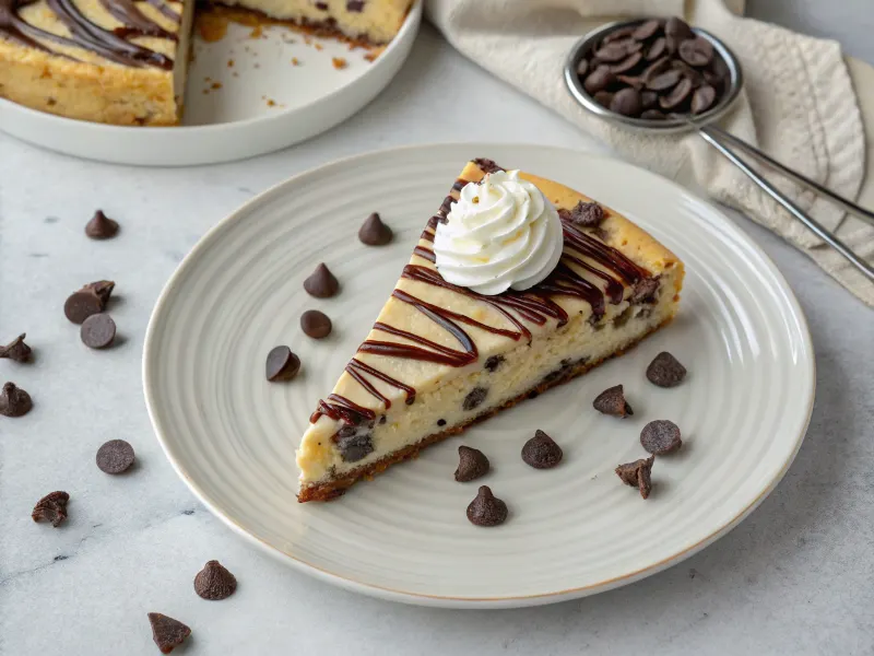 Drizzling melted chocolate over a slice of cheesecake