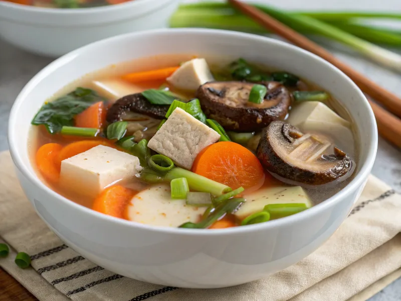 Japanese soup with tofu and mushrooms