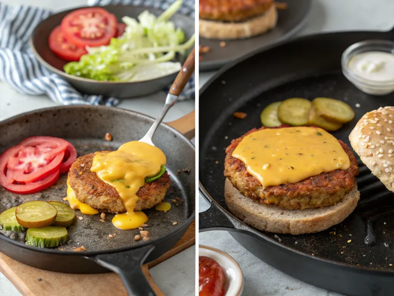 A step-by-step collage of a vegan patty being cooked on a skillet, topped with melted dairy-free cheese, and assembled into a burger.